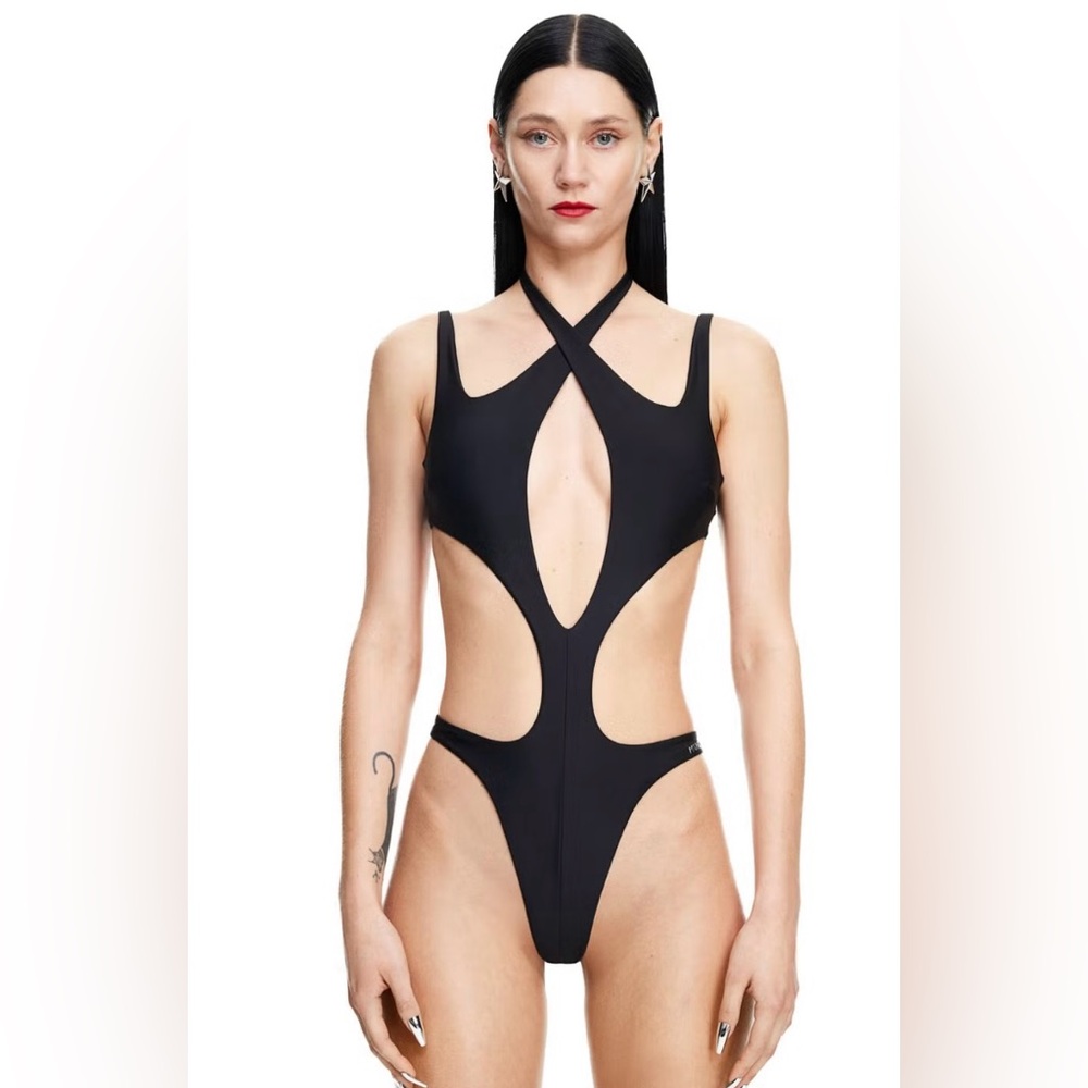 BRAND NEW WITH TAGS H&M x MUGLER HALTER-NECK cut-out swim suit WHITE
